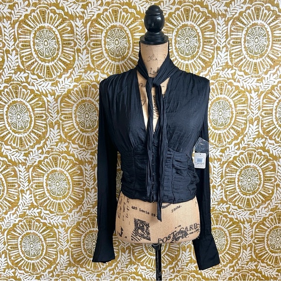NWT Free People Meet Me There Tie Neck Button Front Blouse Top in Black size S - Picture 8 of 16